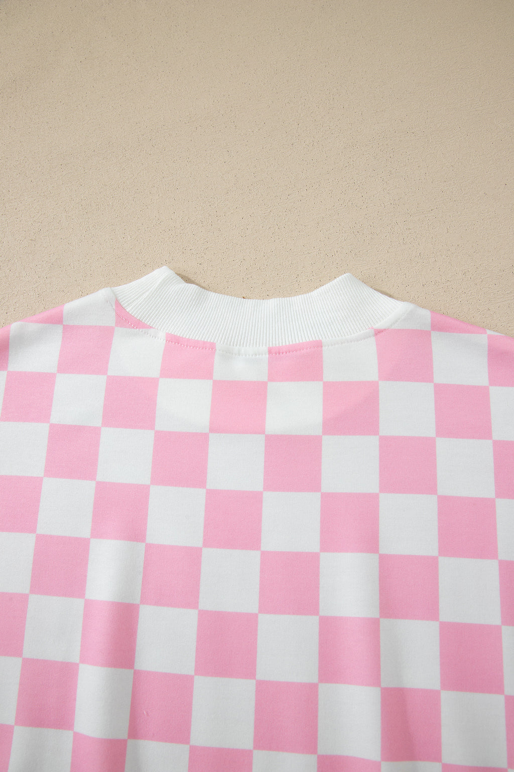 Pink Checkered Print Color Block Trim Mock Neck Short Set