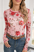 Pink Floral Print Exposed Seam Detail Mesh Long Sleeve Top