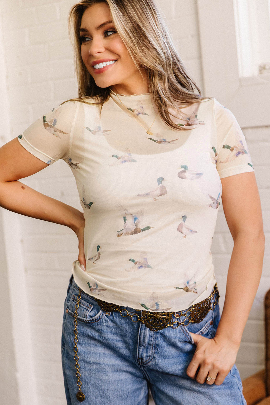 Beige Mallard Sheer Mesh Short Sleeve Top