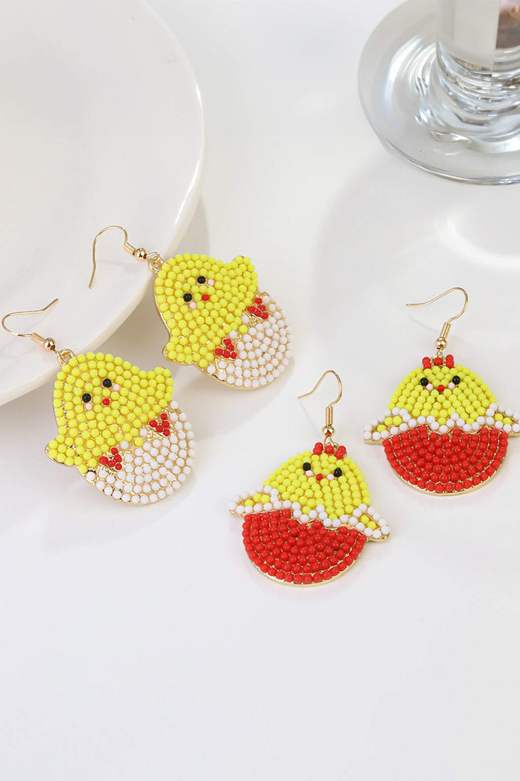 White Beading Chick Easter Open Hook Earrings