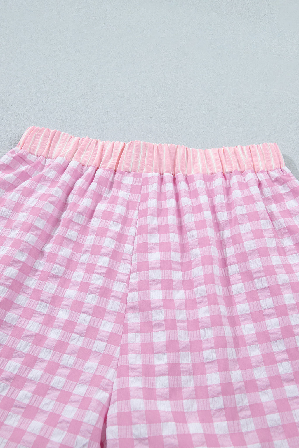Pink Gingham Print Ruffle Striped Detail Lace Tie Shorts