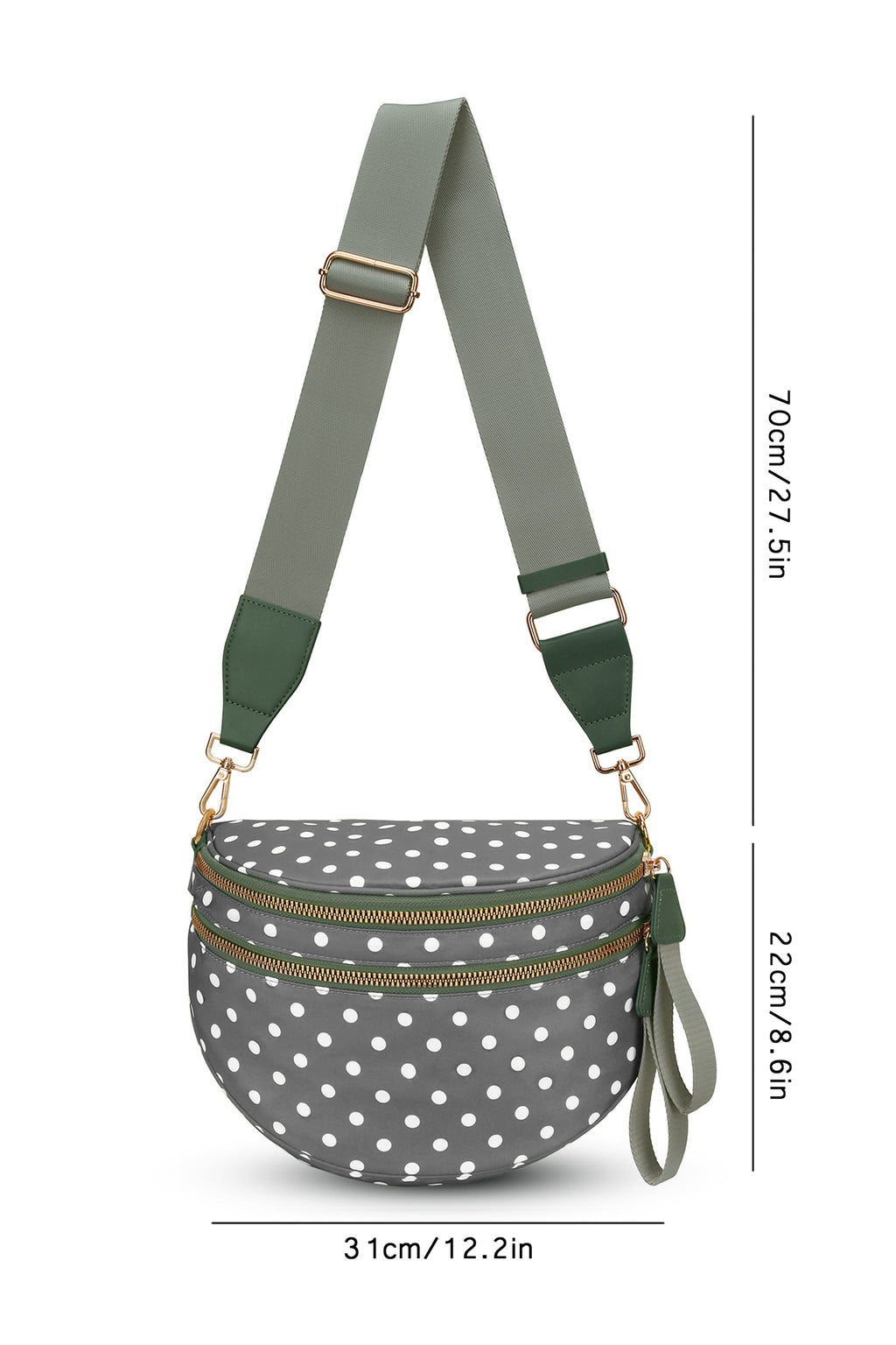 Blackish Green Retro Polka Dot Print Double Zip Crossbody Bag
